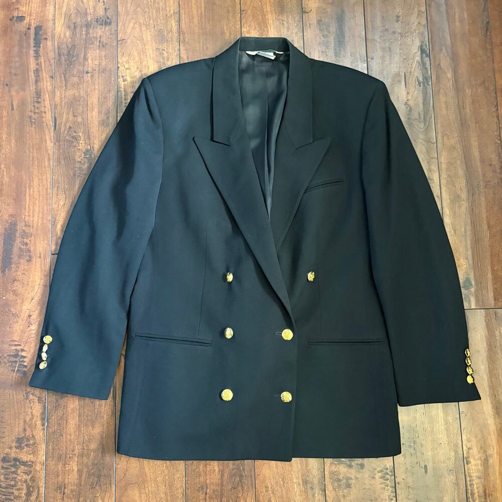 VTG Austin Reed Double Breasted Blazer Womens 14 Black Gold Buttons Business